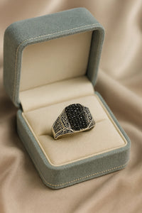 Shadow Citadel Crest — 925 Oxidised Silver Black Stone Rings for Silent Kings