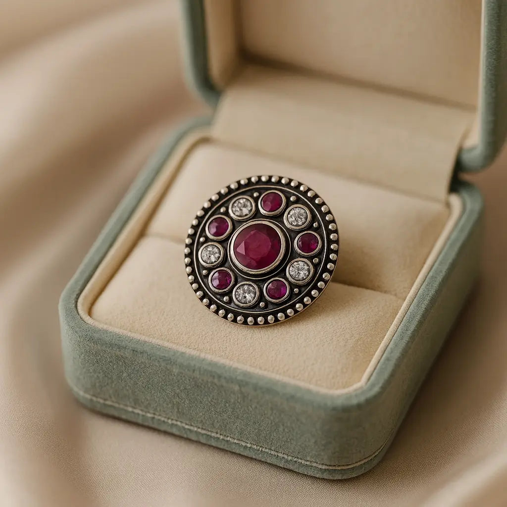 Majestic Ruby Radiance — 925 Oxidised Silver Rings for Timeless Elegance