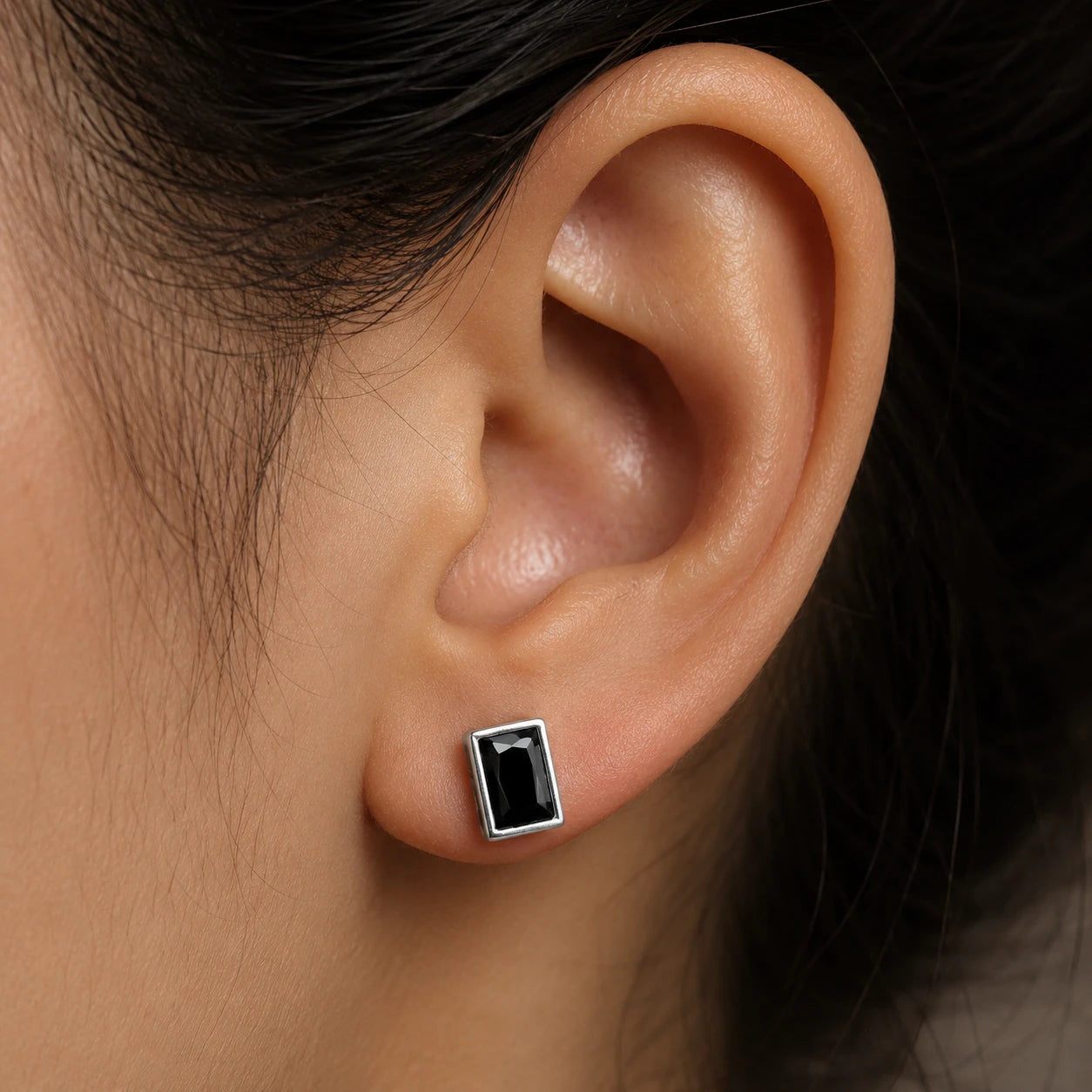 Midnight Elegance: Onyx and Silver Mystical Rectangle Studs