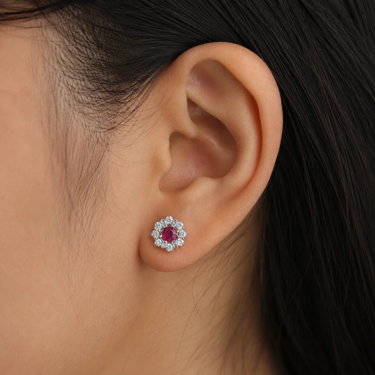 Passionate Bloom: Ruby and Crystal Silver Petal Studs