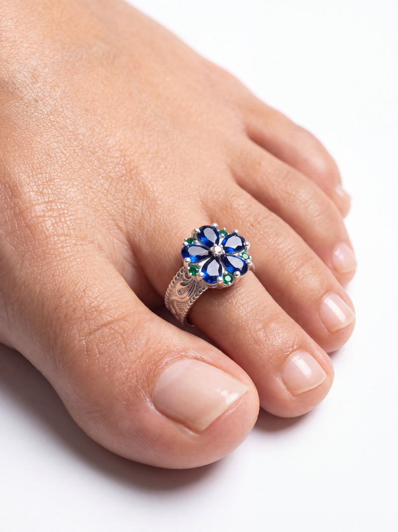 Silver Toe Rings Sapphire-Blue Petal Cluster Adjustable Bands