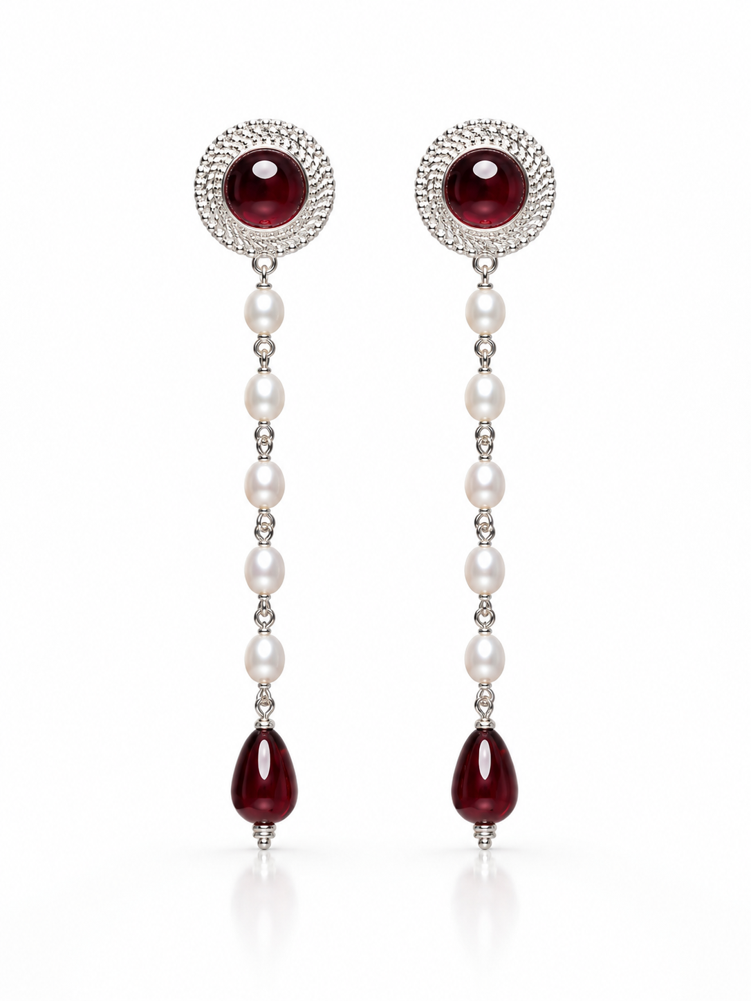 925 Sterling Silver Garnet & Pearl Drop Earrings