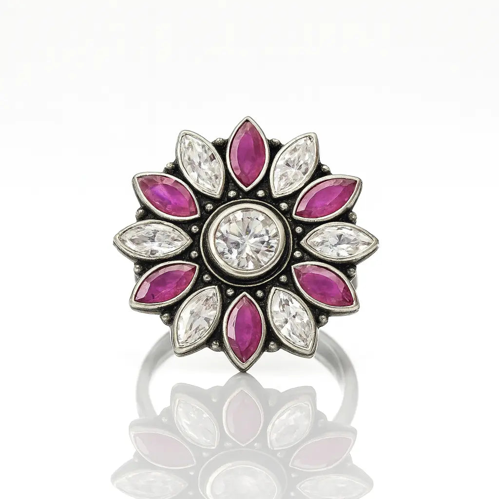 Radiant Blossom Ruby — 925 Silver Rings for a Blooming Love