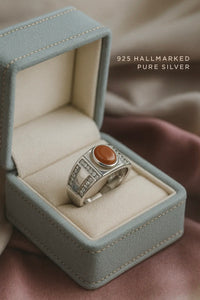 925 Hallmarked Pure Silver Red Coral Statement Rings | Designer Moonga Ring for Men