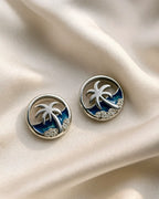 Beach Theme 925 Silver Earring – Palm Tree Ocean Studs for Women