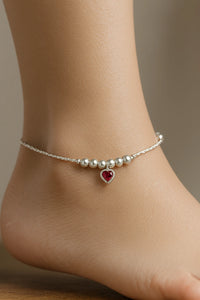 Crimson Heartbeat Beaded Silver Anklet – A Delicate Promise in Every Step