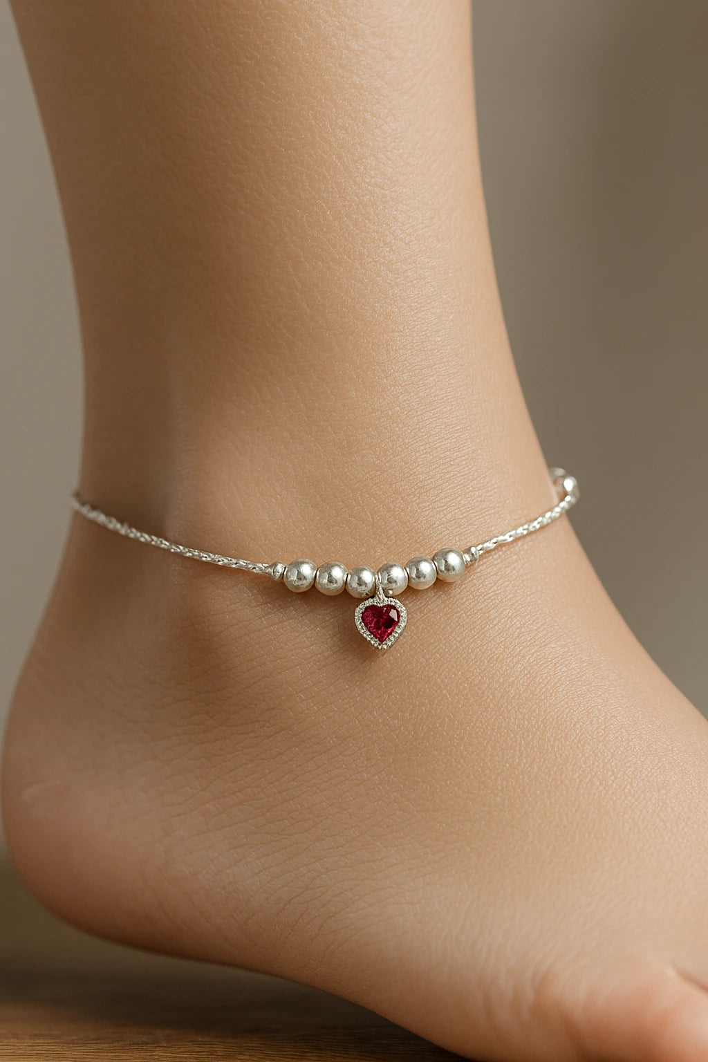 Crimson Heartbeat Beaded Silver Anklet – A Delicate Promise in Every Step