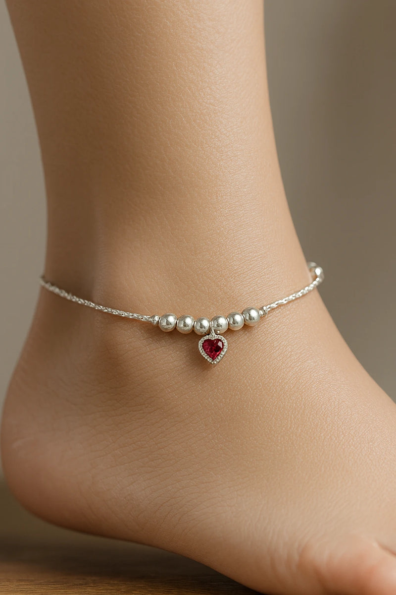 Crimson Heartbeat Beaded Silver Anklet – A Delicate Promise in Every Step