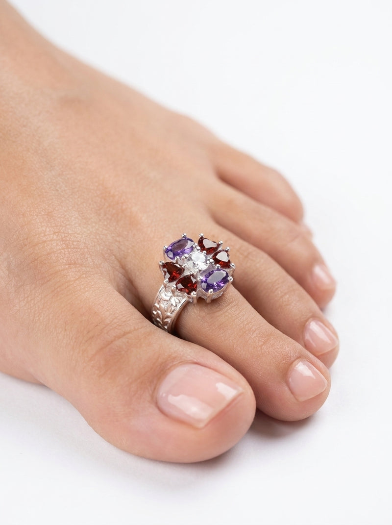 Silver Gemstone Toe Rings Floral Bloom Multicolour Statement Design