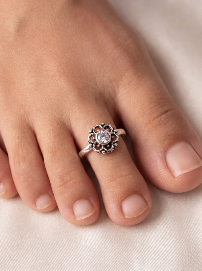 Silver Toe Rings with Starburst Mandala and Clear Crystal Accent