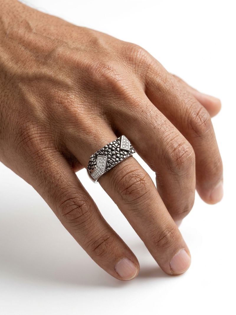 925 silver Rings Geometric Mosaic Oxidised Silver Pave