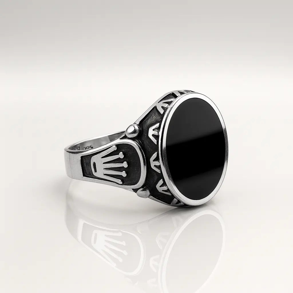 925 Pure Silver Black Onyx Men’s Vintage Royal Rings | Premium Oval Stone Statement Band with Antique Engraving
