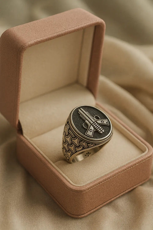 Antique 925 Pure Gun Metal Silver Gun Signet Ring | Bold Gangster-Style Statement Rings for Men