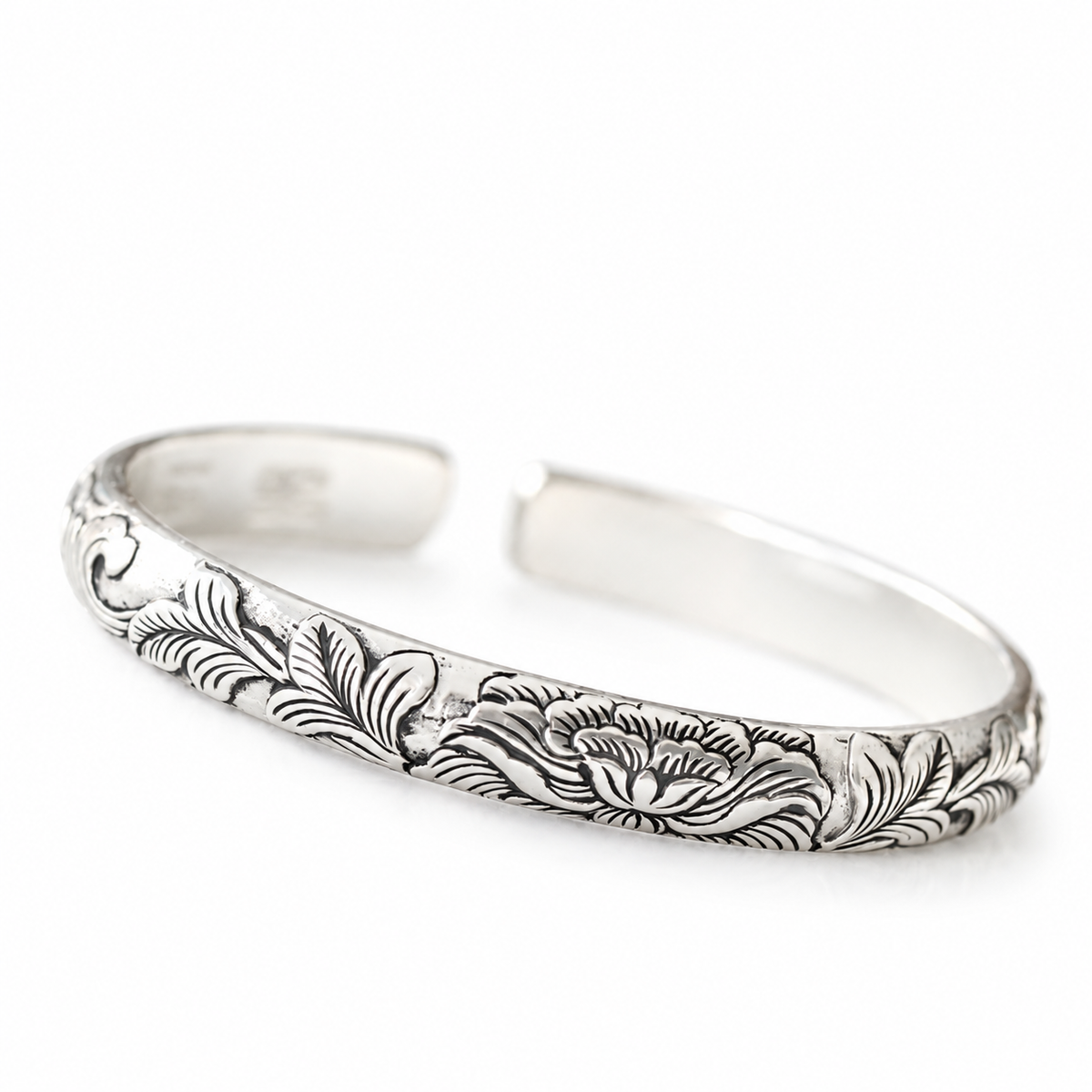 999 Silver Mens Kada Floral Vine Engraving with Oxidised Silver Finish 100% Pure Silver