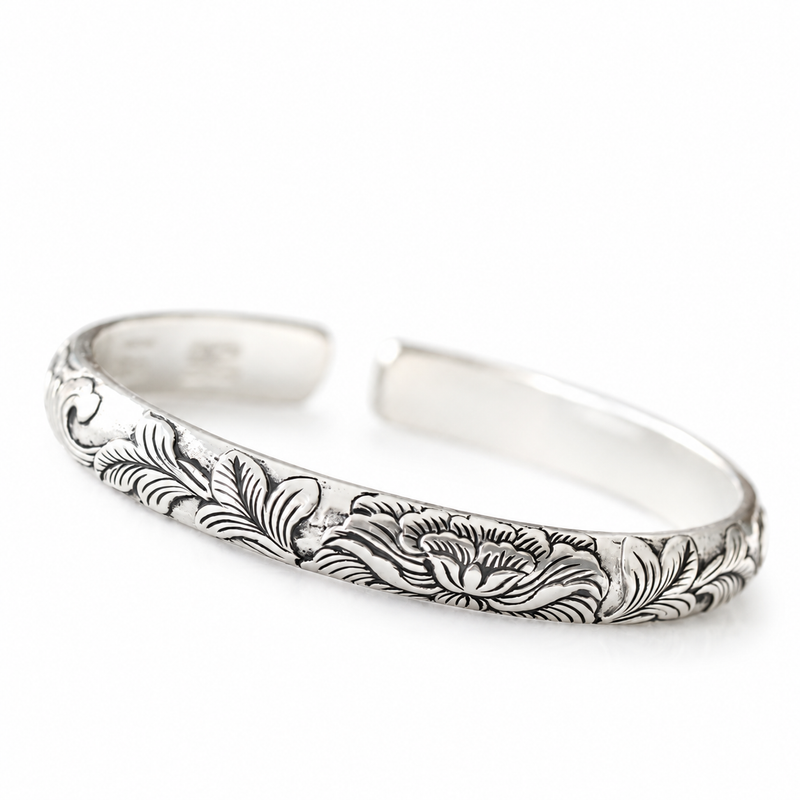 999 Silver Mens Kada Floral Vine Engraving with Oxidised Silver Finish 100% Pure Silver