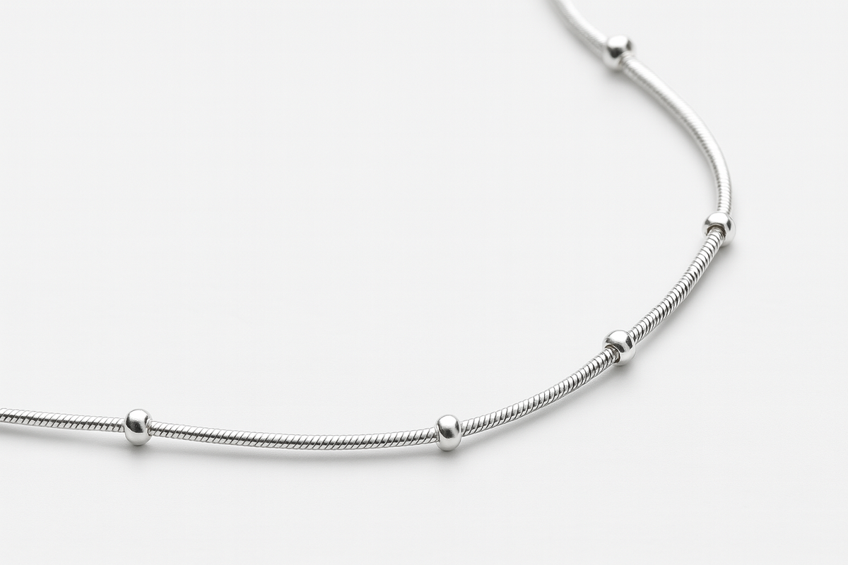 925 Sterling Silver Snake Chain Necklace with Bead Accents for Women | Minimalist Silver Chain