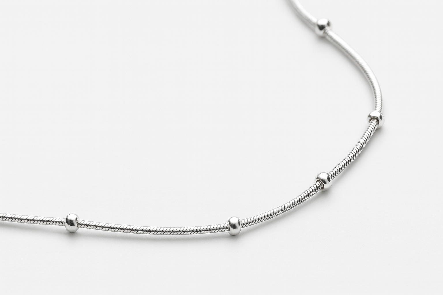 925 Sterling Silver Snake Chain Necklace with Bead Accents for Women | Minimalist Silver Chain