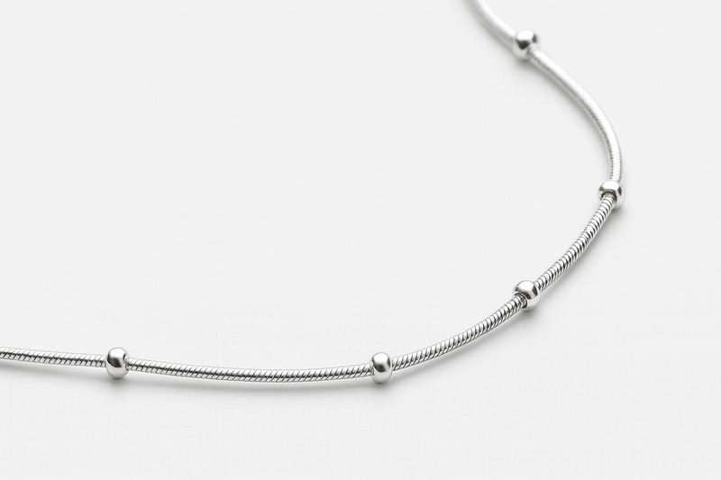 925 Sterling Silver Snake Chain Necklace with Bead Accents for Women | Minimalist Silver Chain