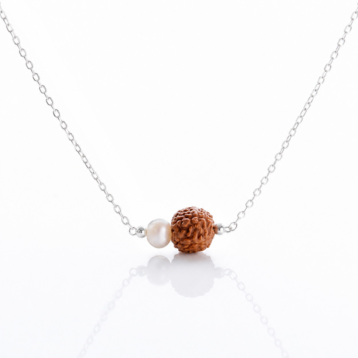 925 Sterling Silver Rudraksha & Freshwater Pearl Necklace | Spiritual Minimalist Chain Necklace for Women