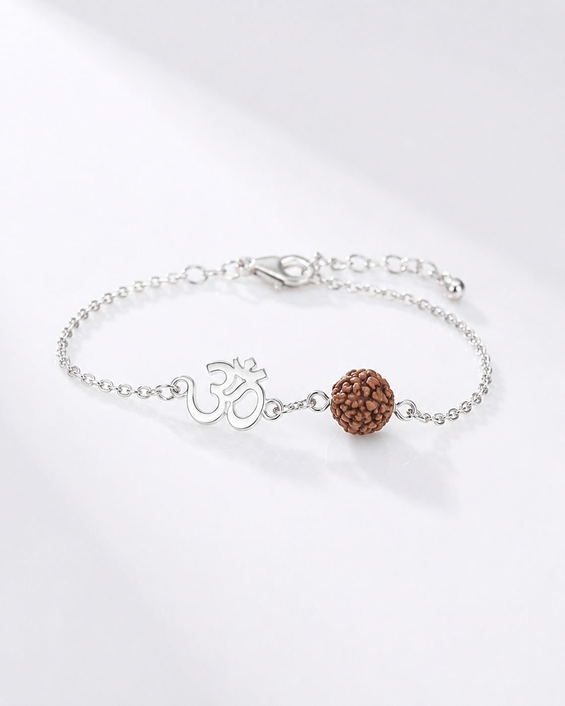 925 Sterling Silver Om Bracelet with Natural Rudraksha Bead | Adjustable Spiritual Bracelet for Men & Women