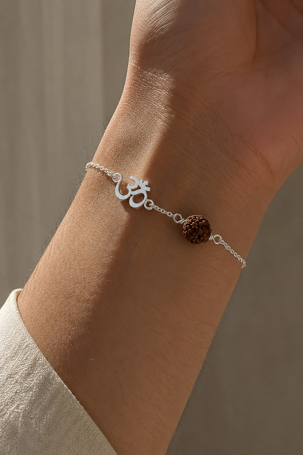 925 Sterling Silver Om Bracelet with Natural Rudraksha Bead | Adjustable Spiritual Bracelet for Men & Women