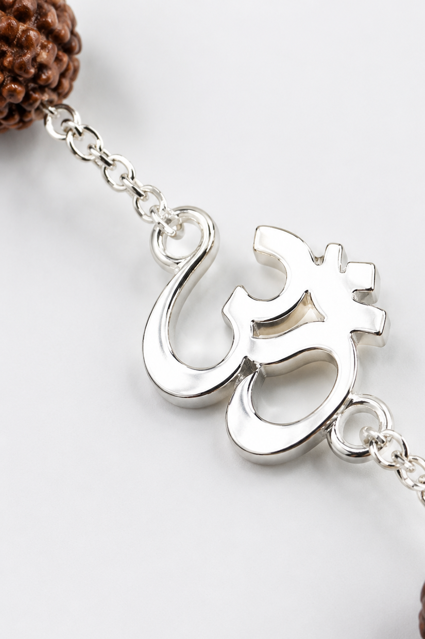 Close-up of a silver pendant with rudraksha beads on a white background