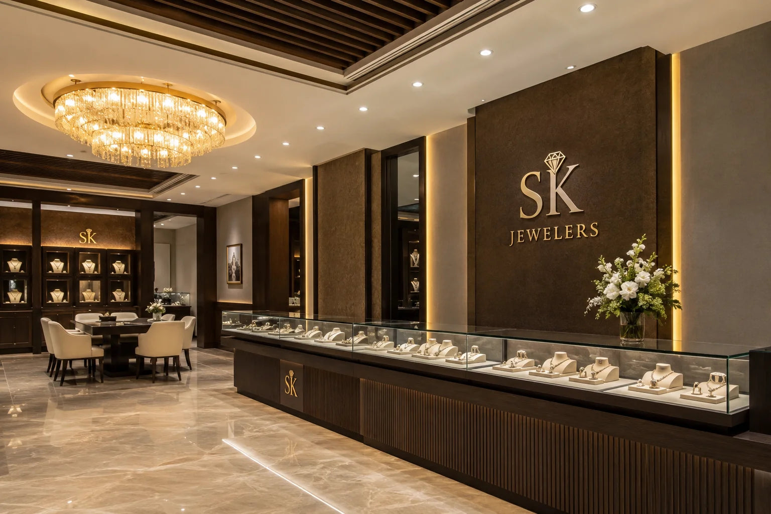 Jewelry store interior with display cases and 'SK Jewelers' branding.