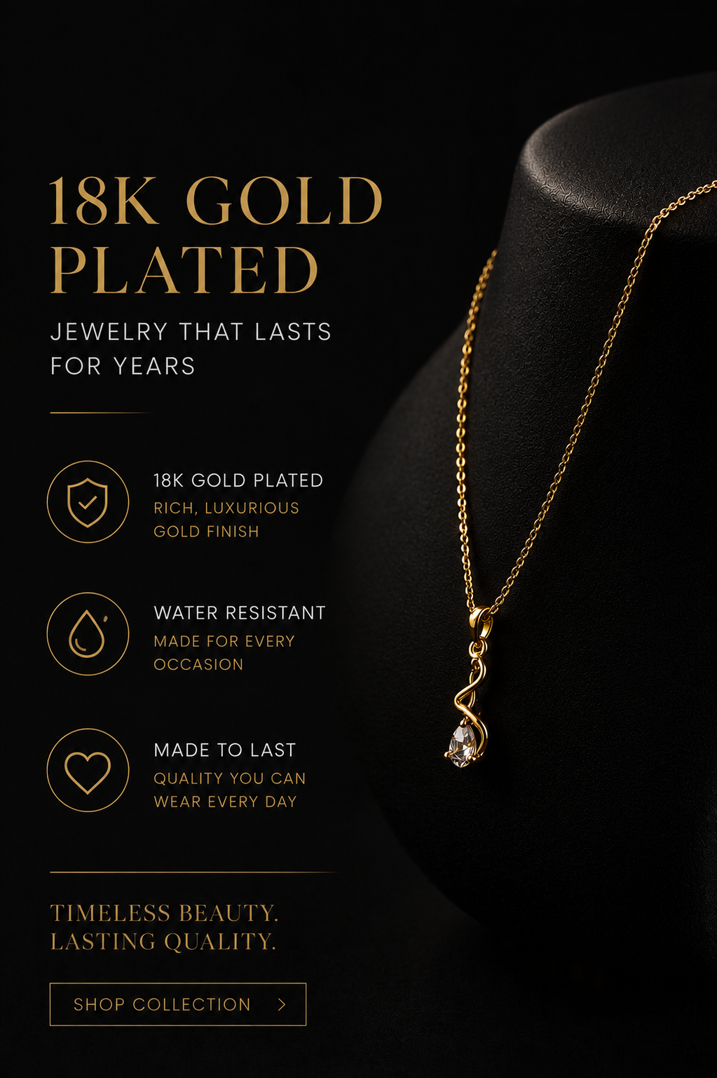Gold necklace with 18k gold plating on a black background, featuring text about the jewelry's qualities.
