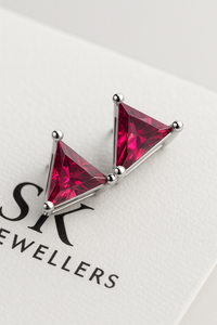 Divine Triangle: Ruby-Touched Oxidised Silver Stud Earrings