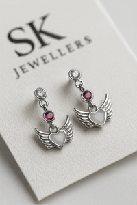 Wings of Serenity: Heartfelt Oxidised Silver Winged Earrings