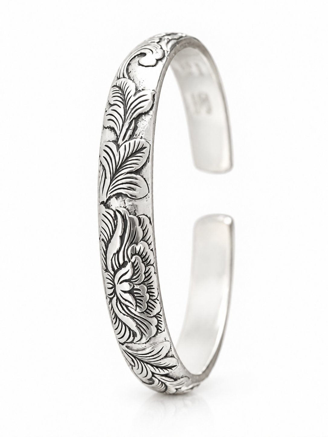 999 Silver Mens Kada Floral Vine Engraving with Oxidised Silver Finish 100% Pure Silver