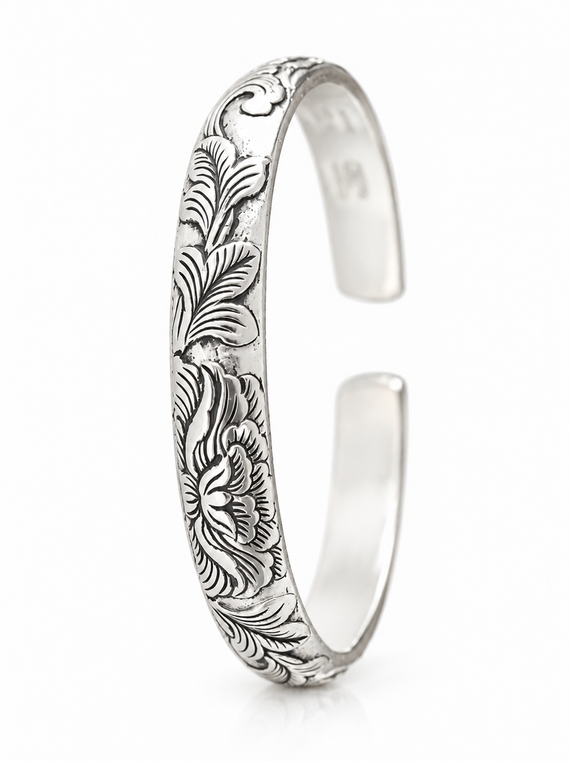 999 Silver Mens Kada Floral Vine Engraving with Oxidised Silver Finish 100% Pure Silver