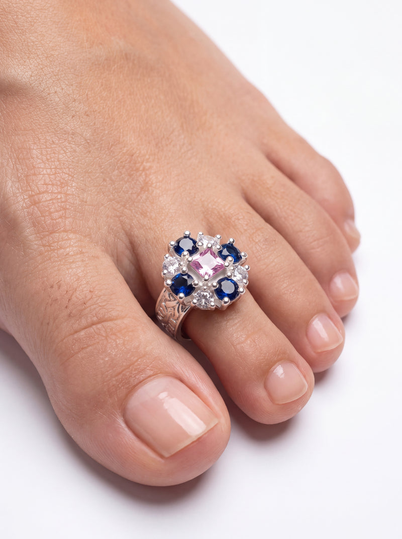 Silver Toe Rings Midnight Crown Gemstone Ornate Textured Bands