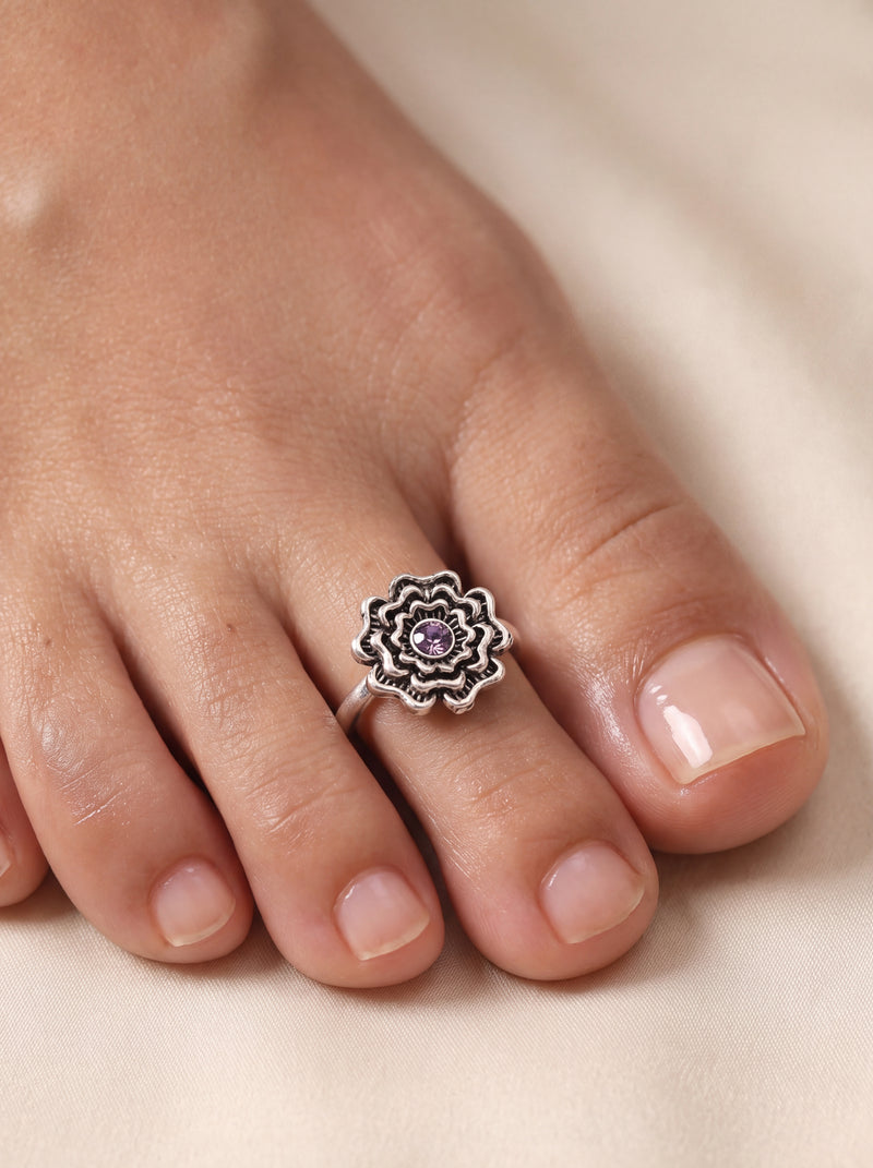 Silver Toe Rings with Layered Petal Rosette and Purple Gemstone