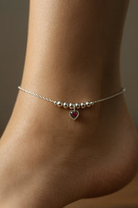 Crimson Heartbeat Beaded Silver Anklet – A Delicate Promise in Every Step