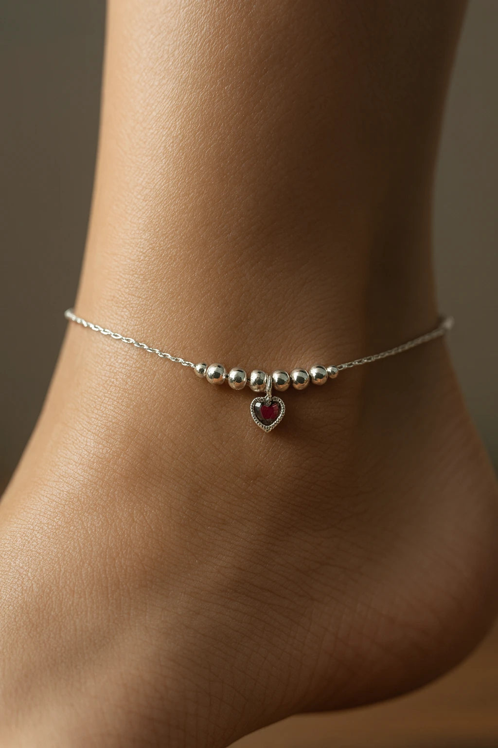Crimson Heartbeat Beaded Silver Anklet – A Delicate Promise in Every Step