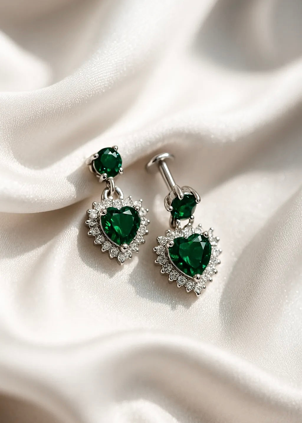 Heart-Shaped Emerald & Diamond Drop Earring | Sterling 925 Silver Luxury Earring For Women