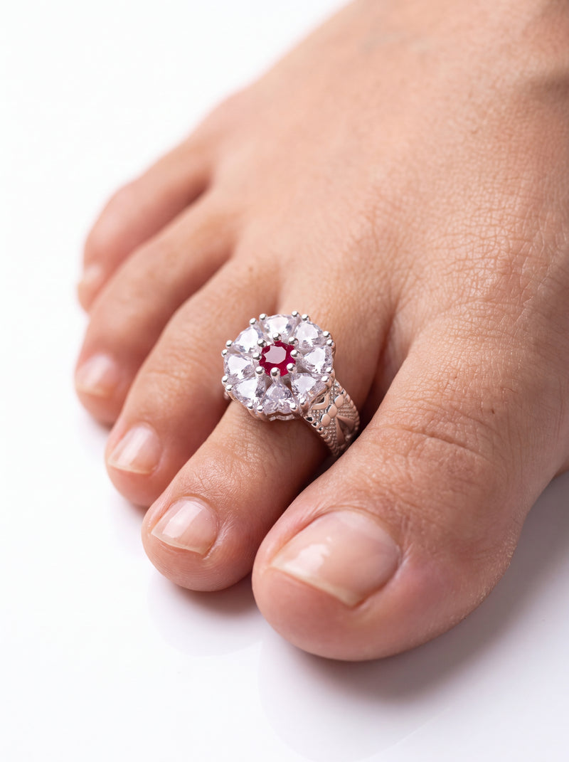 Silver Ruby Toe Rings Radiant Flower Halo Statement Setting