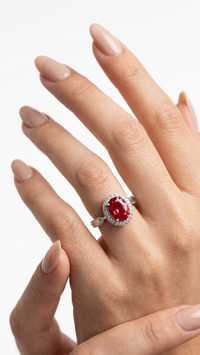 Silver Rings Regal Oval Ruby Halo with Sparkling Accents