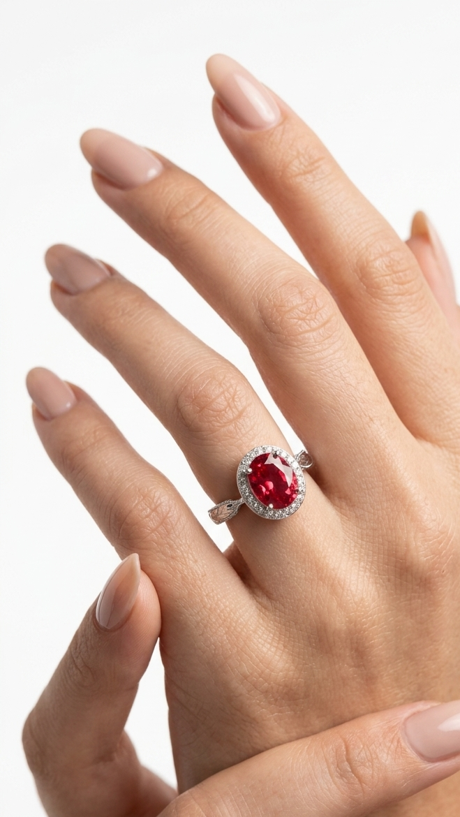 Silver Rings Regal Oval Ruby Halo with Sparkling Accents
