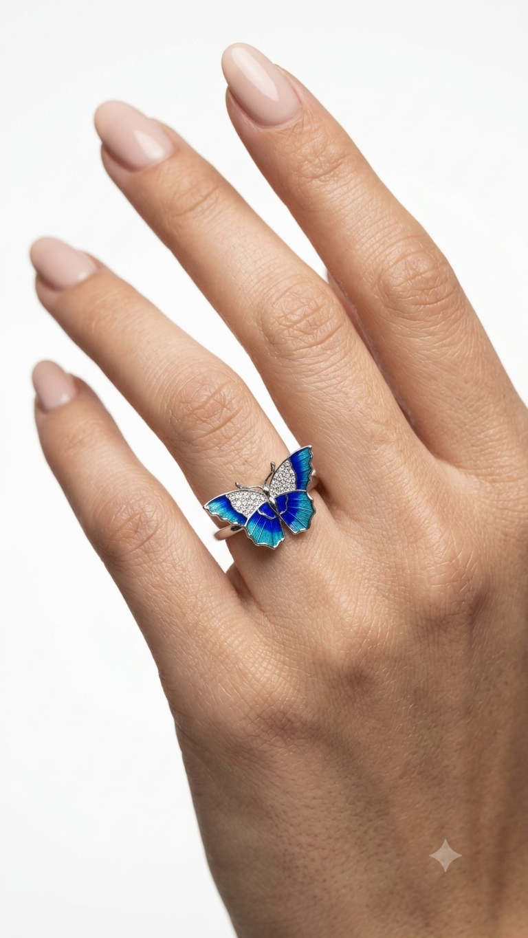 Silver Rings Enchanted Butterfly Design with Blue Enamel Wings