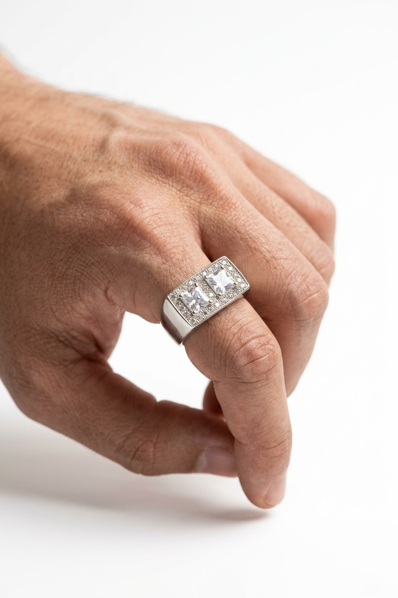 925 Pure Silver Dual Square Diamond-Cut Men’s Rings | Premium Twin-Stone Statement Rings
