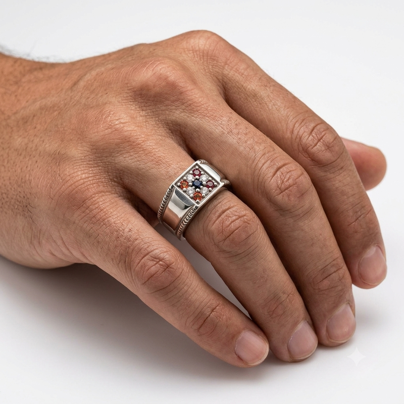 925 Pure Silver Multi-Stone Men’s Rings | Premium Designer Statement Ruby, Emerald & CZ Accents