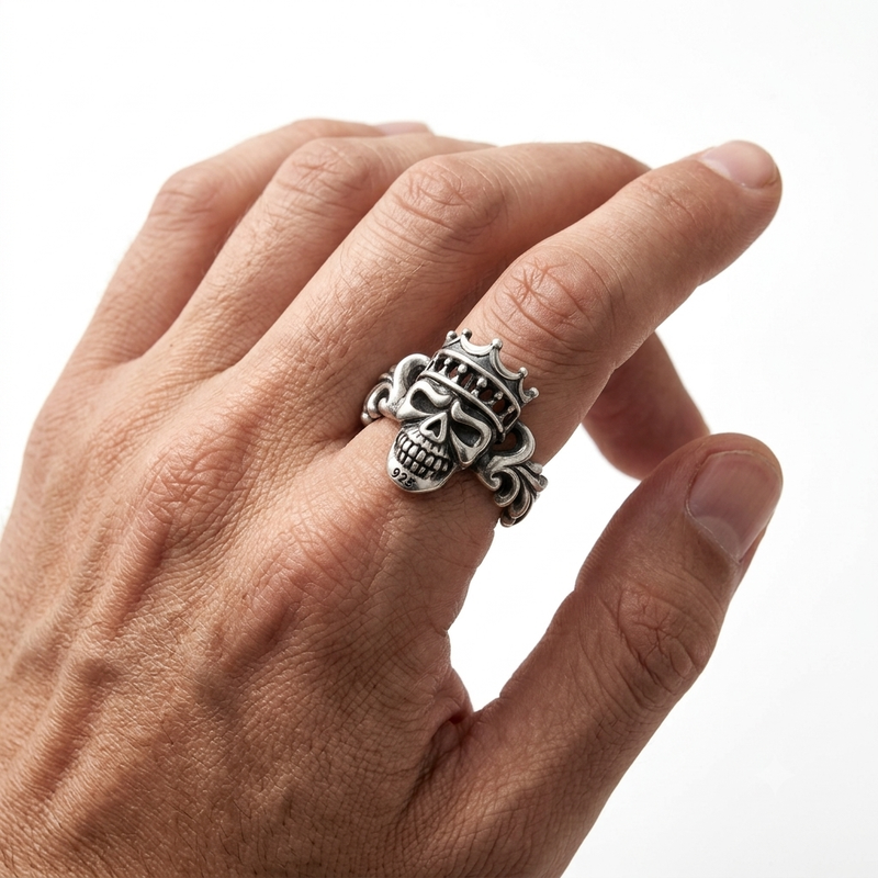 Pure 925 Hallmarked Silver King Skull Rings for Men | Royal Gothic Biker Jewellery with Sculpted Details