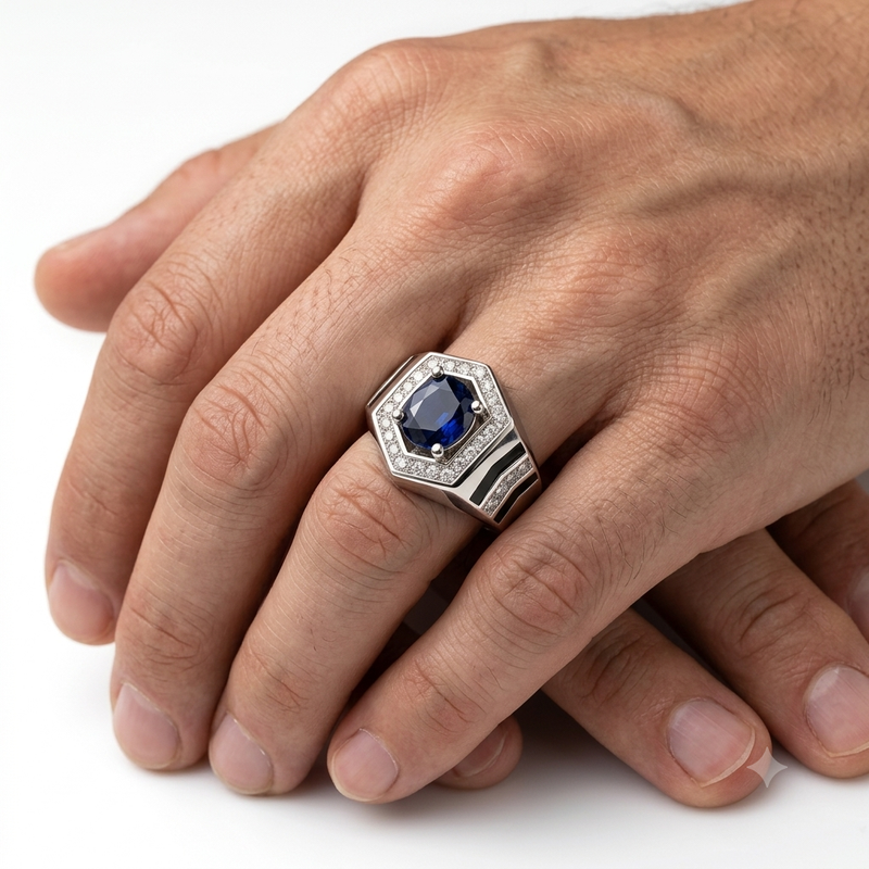 Pure 925 Sterling Silver Rings with Blue Sapphire Center Stone & Diamond Halo – Luxury Hexagon Design