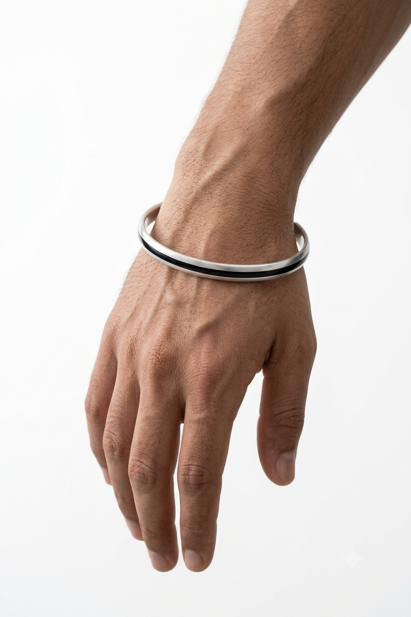 Silver Mens Kada Midnight Line with Black Enamel Accent