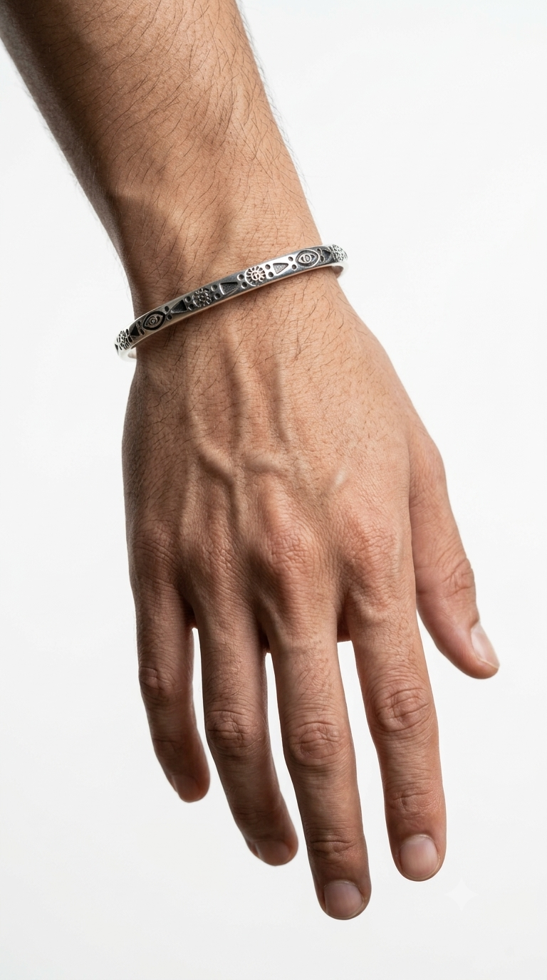 999 Pure 100% Silver Mens Kada Sunburst Talisman Pattern with Oxidised Silver Detailing