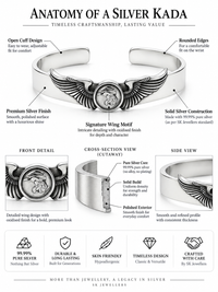 999 Silver Mens Kada Winged Medallion Design with Two-Tone Oxidise Accent 100% Pure silver