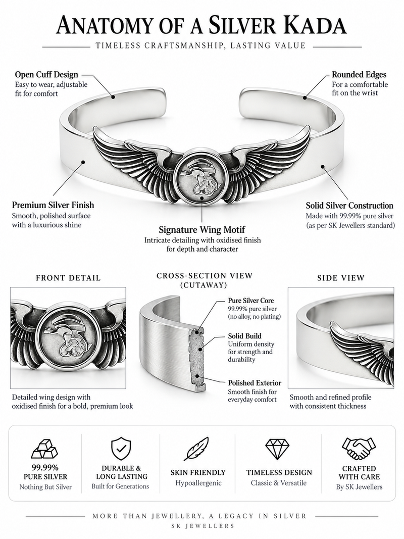 999 Silver Mens Kada Winged Medallion Design with Two-Tone Oxidise Accent 100% Pure silver