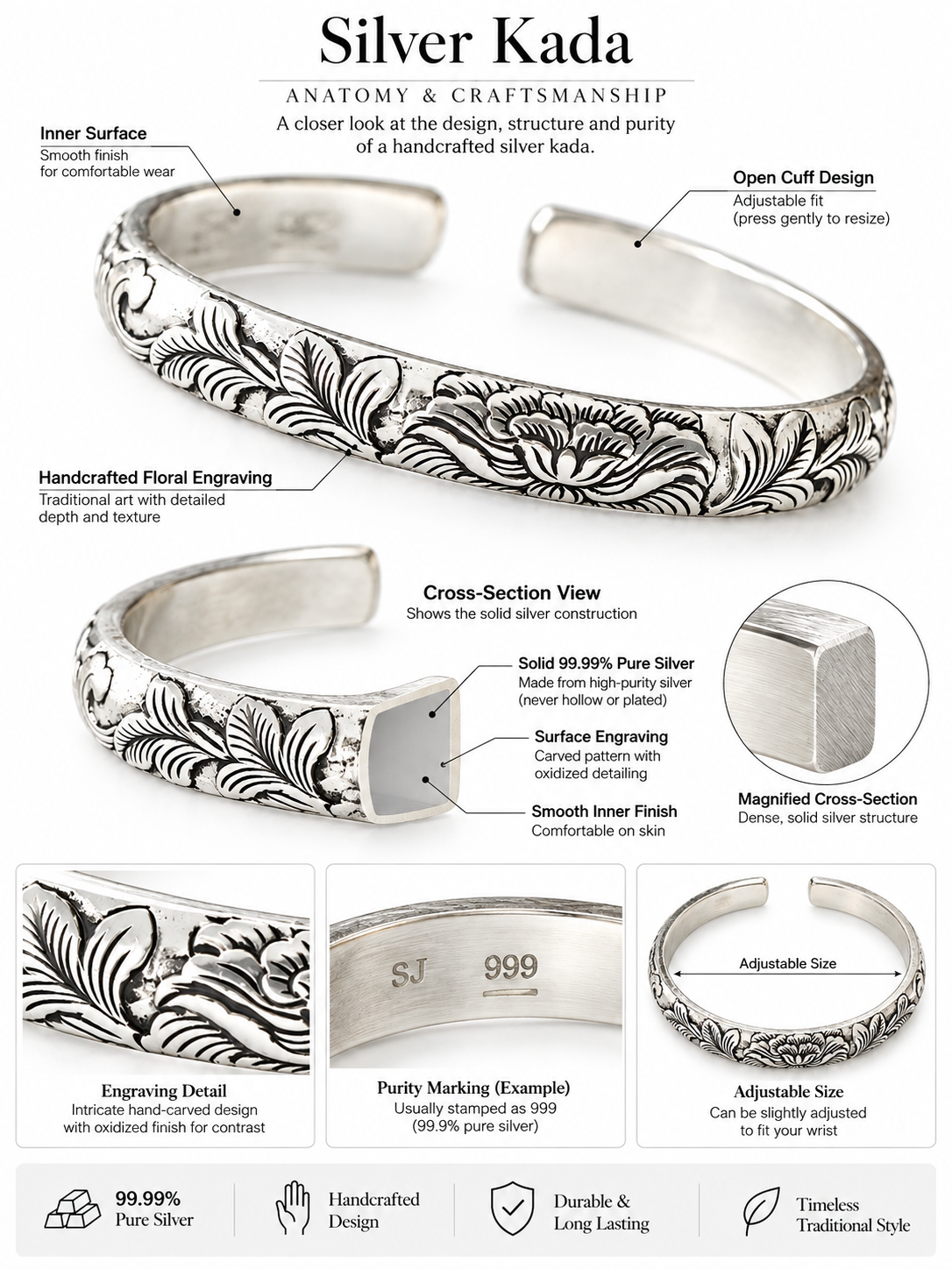 999 Silver Mens Kada Floral Vine Engraving with Oxidised Silver Finish 100% Pure Silver